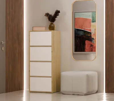 A hallway or entryway scene with a tall cabinet, a mirror, and a stool.