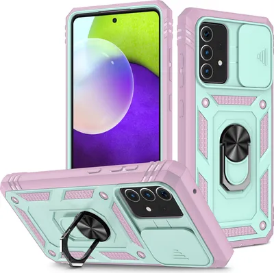Produktbild von Galaxy A52 Hülle, Schiebe Kamera Schutz Robust Rüstung Stoßfest Schutzhülle mit Ringhalterung Ständer Kartenhalter für Samsung Galaxy A52 5G / 4G Weiß