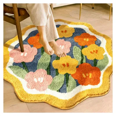 Produktbild von Runde Badematte mit Boho-Blumenmuster, 60 cm, rutschfest, waschbar, bunt, Gänseblümchen, Badezimmerteppich, wasserabsorbierend, flauschig, Mikrofaser, Duschbodenmatte