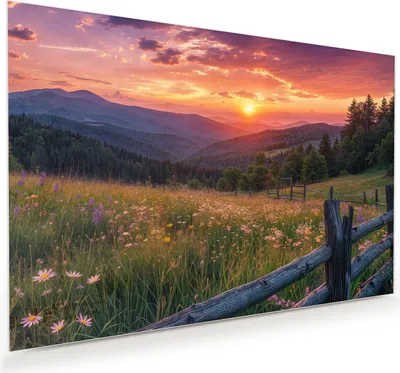 Produktbild von Glasbild 60x40cm in XXL für Wohnzimmer, Schlafzimmer Motiv Sonnenuntergang Wiese