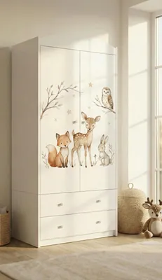 Image de Armoire pour enfants au motif ravissant – Armoire à 2 portes pour chambre d'enfant. 2 tiroirs, tringle à vêtements et étagères, blanche (88 x 187 x 54 cm)