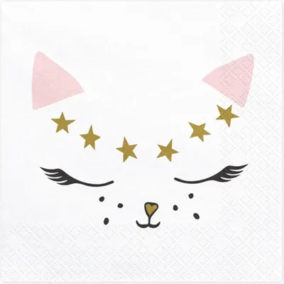 Produktbild von Servietten Katze 33x33cm weiß / gold / rosa, 20 Stück