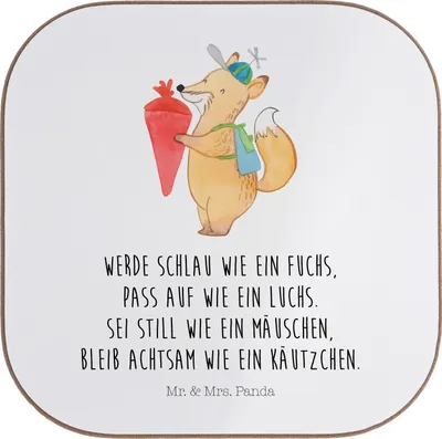 Produktbild von Mr. & Mrs. Panda Untersetzer Quadratisch Fuchs Schulkind - Weiß - Geschenk, gläseruntersetzer, Lustige Sprüche, Tassenuntersetzer, für Gläser, Tassen, Coaster, Glas