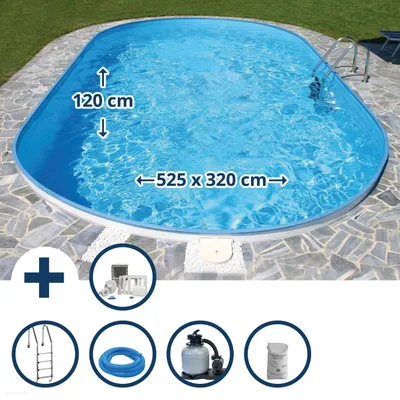 Produktbild von Stahlwandpool Set oval Fererra 525x320x120 cm, Stahl 0,6 mm weiß, Folie 0,6 mm blau, Einhängebiese