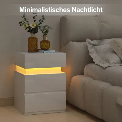 Produktbild von Nachttisch mit LED-Beleuchtung 55 cm hoch mit 3 Schubladen Weiß