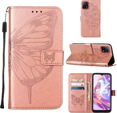 Obrázek produktu pro VIVO Y31S 5G Pouzdro, Motýlí Reliéf Flip Kožené Pouzdro s Kapsami na Karty a Stojánkem pro VIVO Y31S 5G Růžové zlato