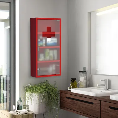 Image de Armoire médicale verrouillable avec porte en verre, armoire à médicaments en acier avec système d'ouverture par pression, couleur rouge | 30 x 12 x 60 cm | 4 compartiments | Verre de sécurité