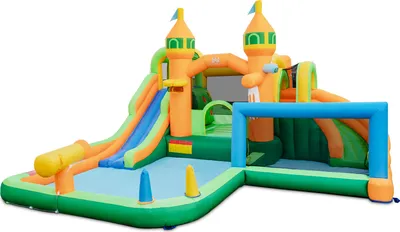 Produktbild von COSTWAY Hüpfburg mit Rutsche, Kletterwand, Basketballkorb, Fußballtor, Ringwurfspiel, Wasserpark, Basketball & Fußball, Tragetasche & Reparaturset