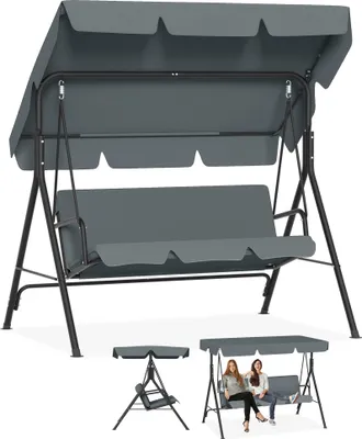 Produktbild von UISEBRT 3-Sitzer Hollywoodschaukel Anthrazit, 175,5x110x152 cm mit verstellbarem Sonnendach, Komfortkissen und Anti-Rutsch-Füßen, bis 200 kg, wetterfeste Gartenschaukel für Garten und Balkon