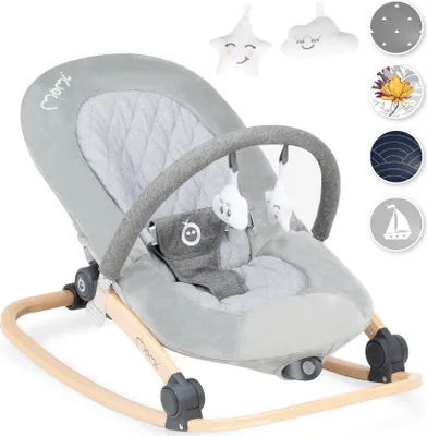 Produktbild von MoMi LUMIWOOD Babywippe - Sensormodul mit Musik und Vibration, Sicherheitsgurt, Spielzeug-Stirnband, Grau