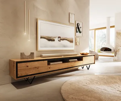 Produktbild von DELIFE Lowboard Stonegrace 240 cm Eiche Natur 2 Türen 1 Fach 2 Schubladen Steinfurnier V-Fuß Metall Schwarz