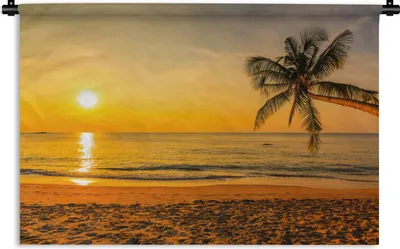 Produktbild von MuchoWow® Wandteppich Wandbehang Palme - Strand - Sonnenuntergang - Meer 90x60 cm Tapisserie Dekoration Wandtuch - Wandskulpturen - Bildteppich