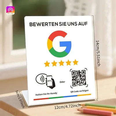Produktbild von 2xNFC & QR Displayständer mit deutschem Text – Social Media & Google Bewertung – Kundenfeedback & Linkweiterleitung – Tresenaufsteller für Unternehmen