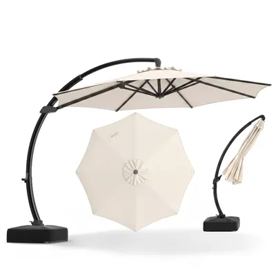 Obrázok produktu pre Slnečník COSTWAY so stojanom, 330 cm, hliníkový slnečník s kľukou, 360° otočný, nastaviteľný sklon, veľký záhradný slnečník, béžová farba