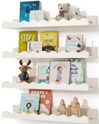 Productafbeelding van Boekenkastset voor kinderen met 4 witte zwevende kinderboekenplanken, en een plank met een afbeelding