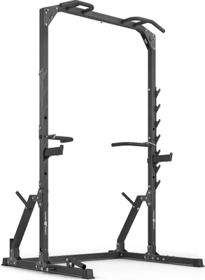A black and gray squat rack with a pull-up bar is shown against a white background.