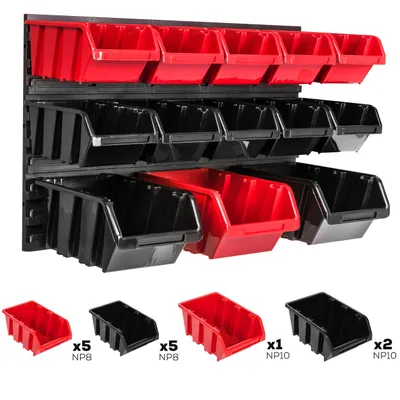 Produktbild von Lagersystem Wandregal 576 x 390 mm | 13 stck. Box | Stapelboxen Schüttenregal Sichtlagerkästen | Extra Starke Wandplatten | Regal Erweiterbar | Werkstattregal Lagerregal Werkstattwandregal Steckregal