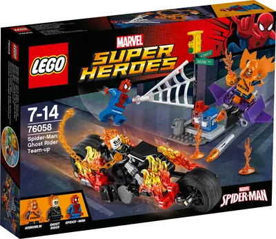 The image shows the packaging of a LEGO Marvel Super Heroes Spider-Man: Ghost Rider Team-up set, featuring the characters and their vehicles in an action scene.