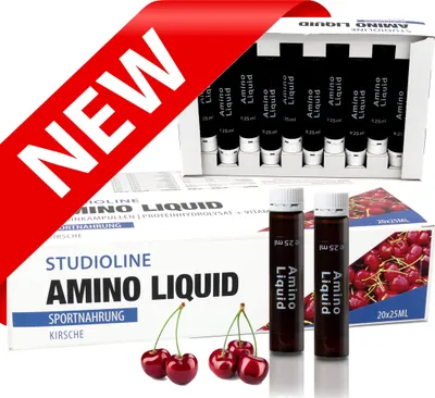 Produktbild von Amino Liquid | 20 Trinkampullen | Optimale Versorgung von Aminosäuren, BCAA, EAA | Hergestellt in Deutschland | Geschmack: Kirsche - Auch zu finden unter der Kategorie: Testo Booster, Maca, L-Arginin, Zinc, Guarana, Ginseng, Koffein, Creatin Monohydrat, BCAA, EAA, Aminosäuren, Kreatin, Pre Workout Booster, Tribulus Terrestris, Vitamine, Mineralstoffe, Vitalstoffe
