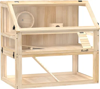 Produktbild von Hamsterkäfig aus Holz 3 Etagen Nagarium Nagerkäfig mit klappbarem Deckel Laufrad 80 x 50 x 76 cm Naturholz