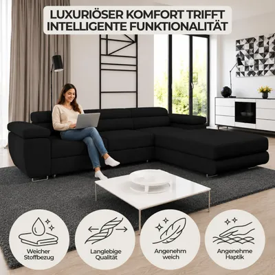 Produktbild von Ecksofa mit Schlaffunktion und Bettkasten, Designer Schlafsofa mit Bettkasten