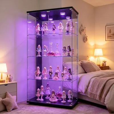 Produktbild von vitrine, LED-Glasvitrine für Sammlungen mit 2 Türen und 4 Ebenen, Schrank mit Schloss, Möbel für Wohnzimmer und Bar (Rückwand Spiegel + Licht, schwarz)