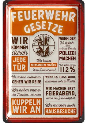 Produktbild von LANOLU Retro Blechschild Feuerwehrgesetze - Feuerwehrmann Geschenke für Männer, Feuerwehr Deko Schild - Metallschild mit Spruch, 20x30cm