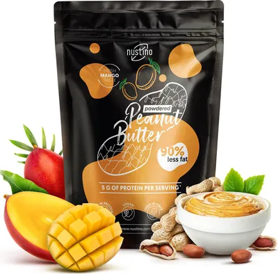 Produktbild von Nustino - Erdnussbutter Pulver Mango 400g - 90% Weniger Fett - Proteinreich - Mit Echter Mango - Ohne Zucker - Fettarm - Ohne Palmöl