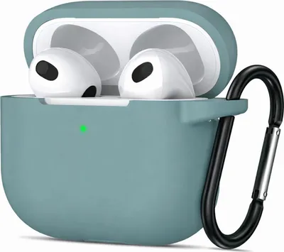 Immagine prodotto di Custodia protettiva in silicone per AirPods 4 con moschettone, custodia morbida al tatto, custodia resistente agli urti, antiscivolo, protezione a 360°,  verde salvia