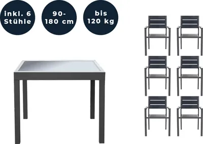 Immagine prodotto di Home Deluxe - Tavolo da giardino allungabile - VERANO - ca. 90 (180) x 90 x 75 cm - incl. 6 sedie, struttura in alluminio, piano in vetro, incl. accessori I Set da giardino tavolo allungabile per balcone