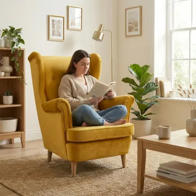 Produktbild von Ohrensessel GAJA Aura – Glamour-Sessel mit Kristallknöpfen, Samt Senfgelb, Family Meble