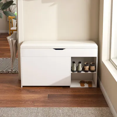 Produktbild von STILVORA Schuhbank mit aufklappbarem verstecktem Staufach, Flurbank im modernen minimalistischen Design, Sitzbank für Eingangsbereich und Wohnzimmer Weiß