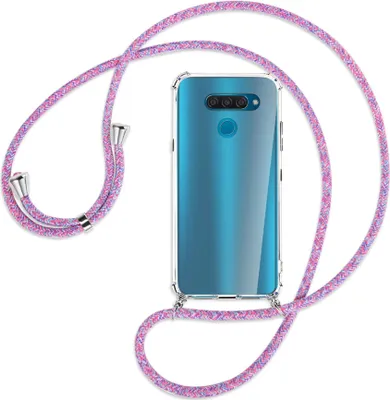 Produktbild von Handykette Backcover-Schutzhülle mit Band (Metall silberfarben) für LG Q60 - lila/rosa/blau