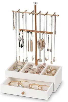 Produktbild von Famanu Schmuckständer T-Form, Gold, Weiß, mit Schublade und Ringhalter