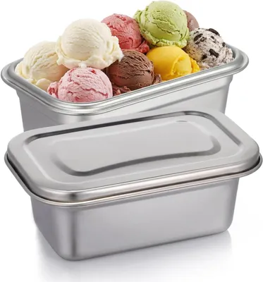 Produktbild von Edelstahl Eisbehälter für Speiseeis, 2er Set, 600 ml | Eiscremebehälter mit Deckel, Gefrierbehälter für Selbstgemachtes Eis & Lebensmittel, Spülmaschinenfest & BPA-frei