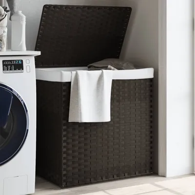 A laundry basket next to a washing machine in a laundry room.