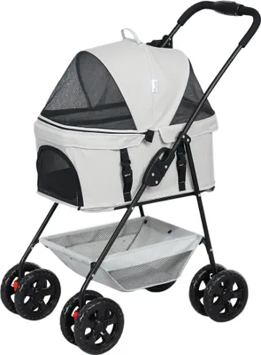 Produktbild von 3-in-1-Haustierkinderwagen, zusammenklappbarer Hundewagen mit 4 Rädern und abnehmbarer Trage für Hunde und Katzen, Grau