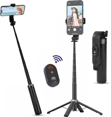Image de Perche à selfie extensible avec trépied et télécommande - Extensible jusqu'à 100 cm, compatible avec les smartphones et les appareils photo - Noir