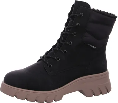 A black boot with a tan sole is shown against a white background.