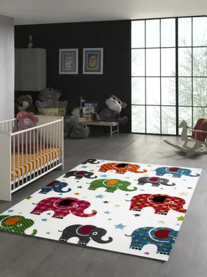 Zdjęcie produktu dla Dywanik dziecięcy z kolorowymi słoniami, wielobarwny, wymiary – 200 x 290 cm