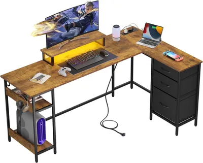 Produktbild von L-förmiger Eckschreibtisch, 168×103 cm, mit Schubladen, Steckdose und USB-Anschluss, geräumiger Computertisch mit Stauraum für Homeoffice