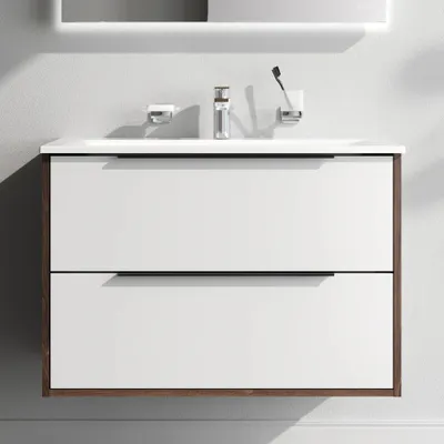 Produktbild von AM.PM Badmöbel Set Badezimmerschrank mit Waschbecken Hängender Waschbecken mit Unterschrank mit Soft Close, 80 cm, 2 Schubladen, Weiß glänzend