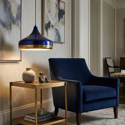 Produktbild von Opviq, Moderne Pendelleuchte Navy Blau, Metallkörper, Ø36 h:26 cm, Höhenverstellbar 42-122 cm, E27 Fassung, Max 40 W, IP20, Ideal für Hotel & modernes Zuhause.