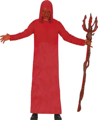 Produktbild von Halloween Dämonischer Sensenmann Tunika Rote Kapuze Maske Unheimlich Furchteinflößend Finstere Erscheinung Dunkler Mantel Horrornacht Schreckensfigur, Größe: 52 - 54 (L) Farbe: Rot