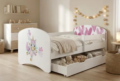 Obrázek produktu pro Dětská postýlka Happy Babies s bočními zábranami pro chlapce, 140 x 70 cm, do dětského pokoje, se zásuvkou, matrace, jednolůžko pro děti, bílá, barevné samolepky