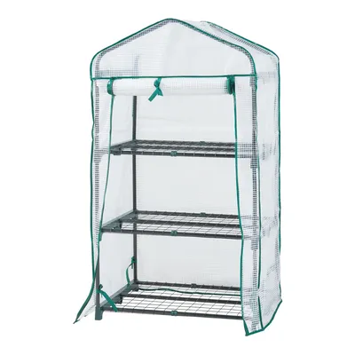 A white greenhouse with three shelves against a white background.