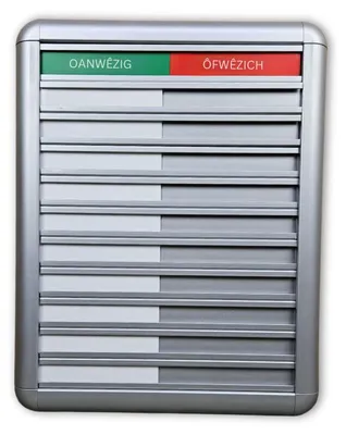 Produktbild von CombiCraft Anwesendheitstafel bzw. Abwesenheitstafel "Oanwêzich-Ôfwêzich" in einem silberfarbenen Aluminiumschiebeprofil für 10 Personen - 257 x 330 mm