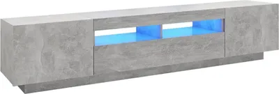 A long, low TV stand with a concrete-like finish and blue LED lighting in the center.