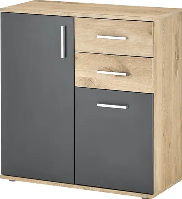 Produktbild von Kommode - 80 x 84 cm - 2 Türen - 2 Schubladen - Grau matt - Viking Eiche Nachbildung