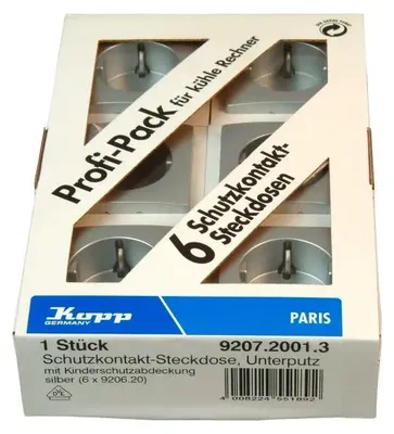 Produktbild von Kopp PARIS Spar-Pack: 6x Schutzkontakt-Steckdose mit erhöhtem Berührungsschutz 1-fach silber 16A/250V IP20 – 920720013